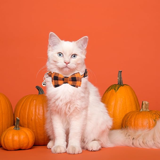 ADOGGYGO Halloween Cat Collars Breakaway with Removable Bowtie Bell, 2 Pack Orange Purple Plaid Halloween Bow Collar for Cats Kittens