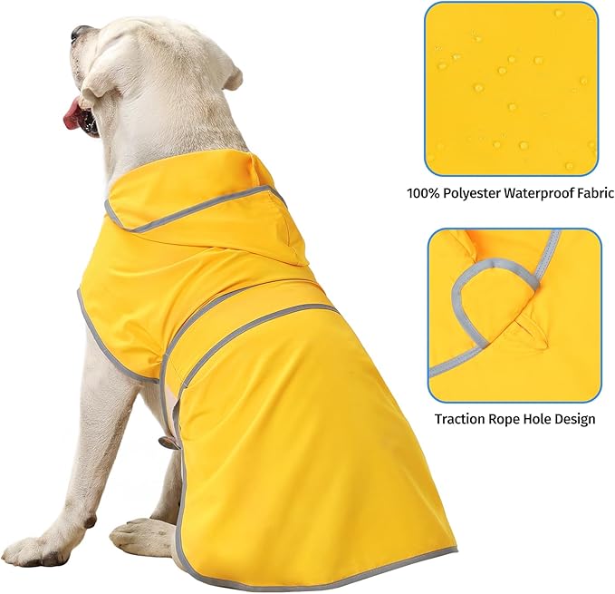 Dog Rain Coat for Large Dogs Waterproof Hooded Rain Jacket with Reflective Strips Leash Hole & Poncho Adjustable Fit (Yellow,XL)