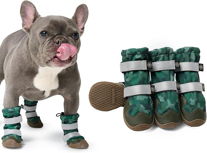 Spark Paws Dog Shoes, Waterproof Dog Boots for Medium to Large Dogs, Non Slip, Breathable Dog Booties and Paw Protectors - 4PCS Doggie Hiking Boots with Reflective Straps, Green Camo, Size 1