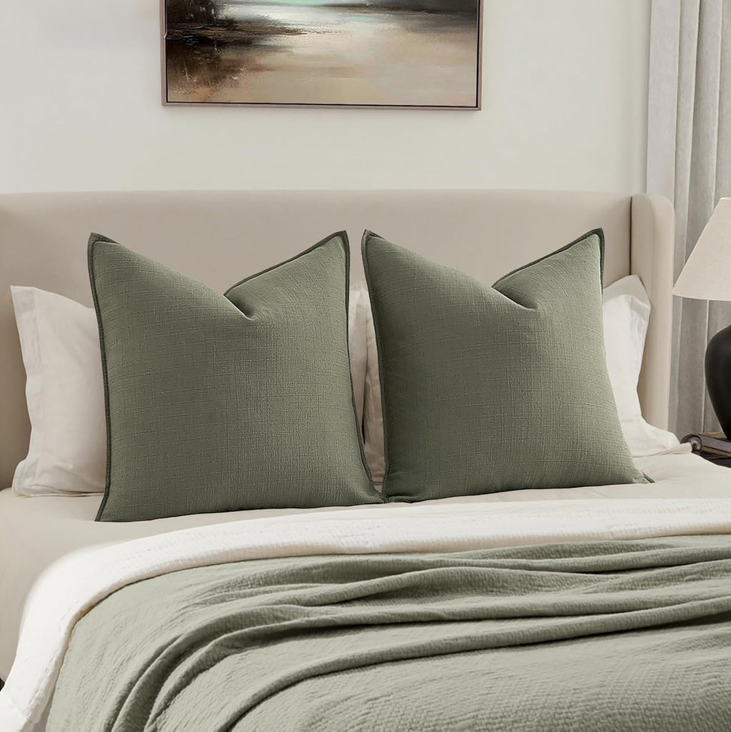 MIULEE Decorative Euro Sham Pillow Covers 26x26, 2 Pack Large Boho Farmhouse Neutral Throw Pillows for Bed, Thick Textured Modern Linen Cushion Cases Couch Sofa Living Room Home Decor, Olive Green