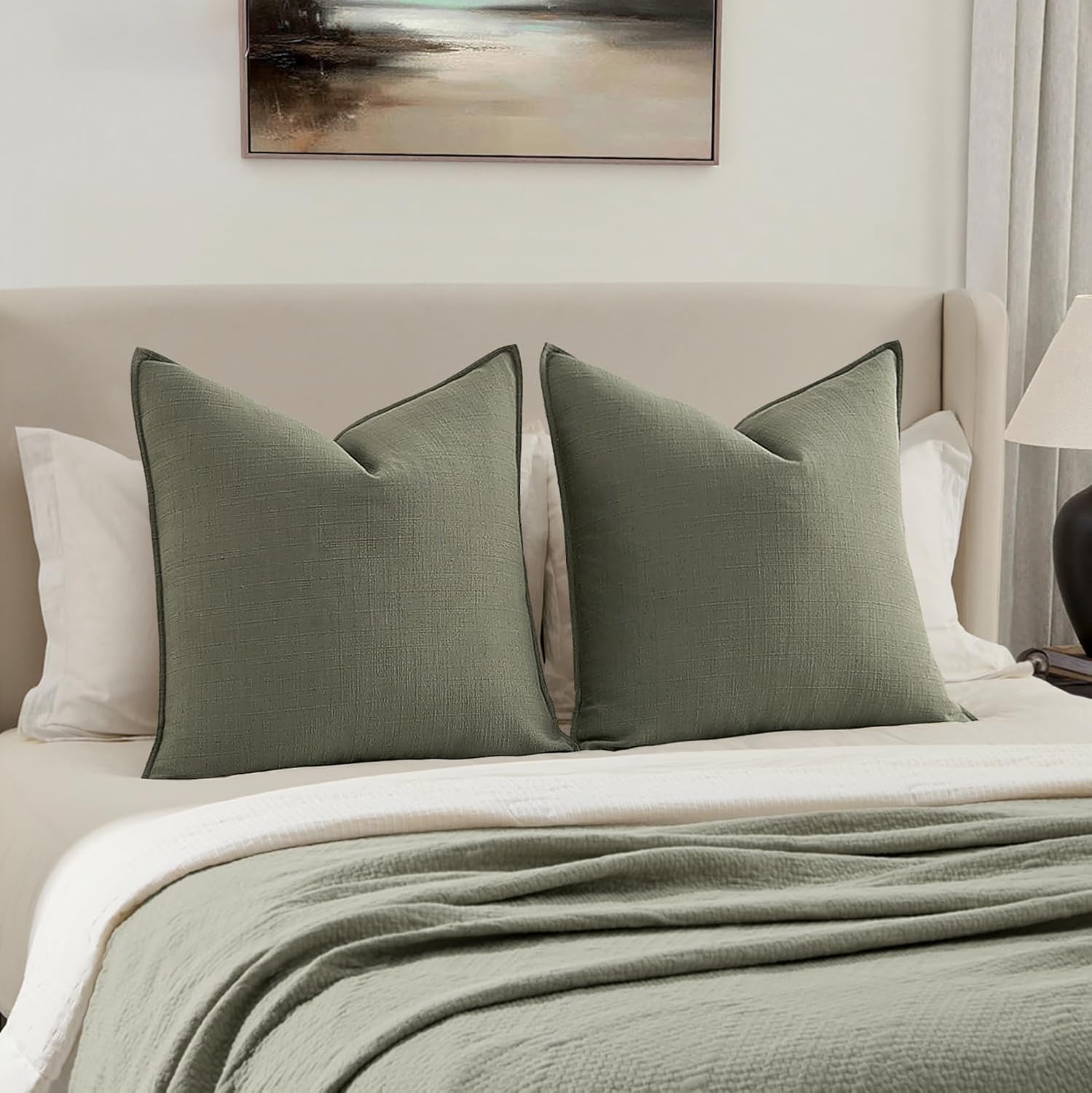 MIULEE Decorative Euro Sham Pillow Covers 26x26, 2 Pack Large Boho Farmhouse Neutral Throw Pillows for Bed, Thick Textured Modern Linen Cushion Cases Couch Sofa Living Room Home Decor, Olive Green