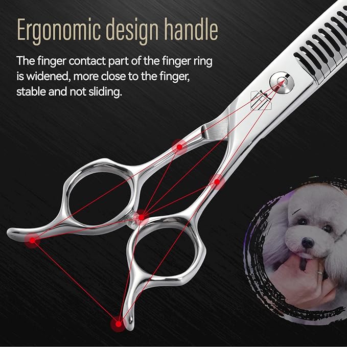 Professional Dog Grooming Scissors, 85% Thinning Rate, 25° Curved Blade, JP440C Steel, 7.0" Ergonomic Handle