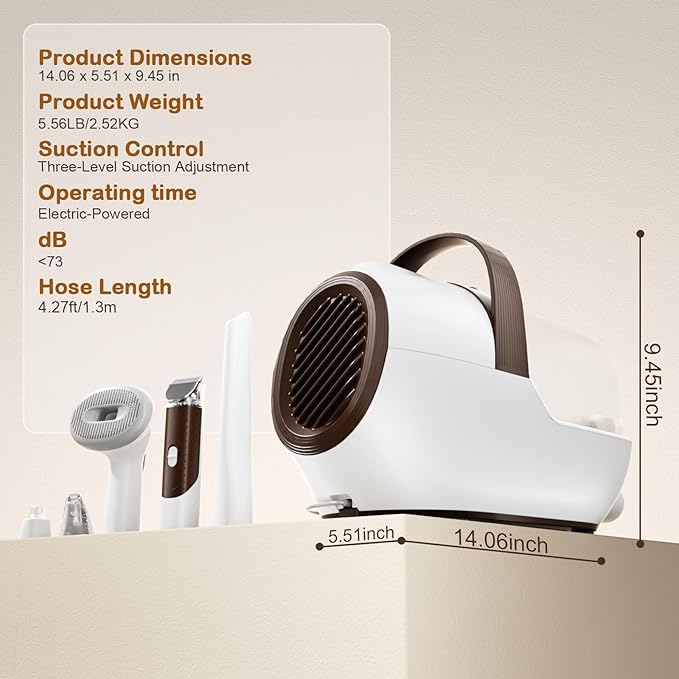 Dog Grooming Vacuum, Dog Grooming Kit with Pet Clipper Nail Grinder, 3 Suction Modes Dog Brush Vacuum with 6 Pet Grooming Tools (Coffee)