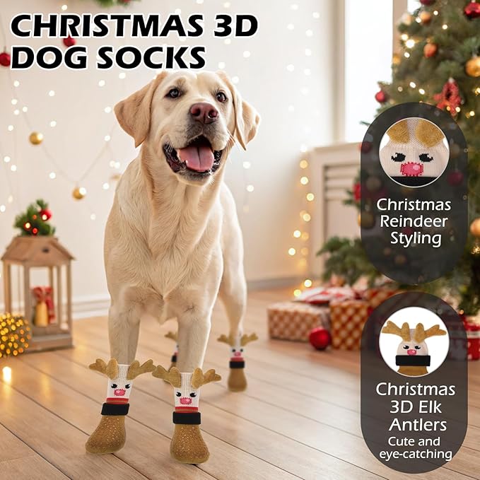 EXPAWLORER Christmas Anti Slip Dog Socks to Prevent Licking Paws, Boots & Paw Protectors with Grippers,Doggie Booties for Hardwood Floors for Small Medium Large Senior Dogs Lifelike Costume Reindeer M