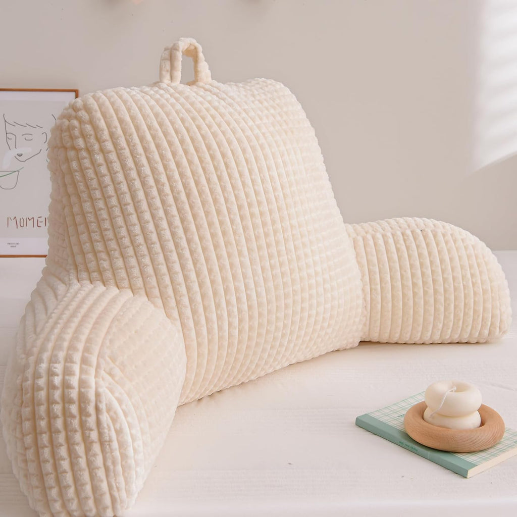 A Nice Night Reading Pillow Bed Wedge Large Adult Children Backrest with Arms Back Support for Sitting Up in Bed/Couch for Lounging Bedrest,Waffle Stereoscopic Design,Ivory