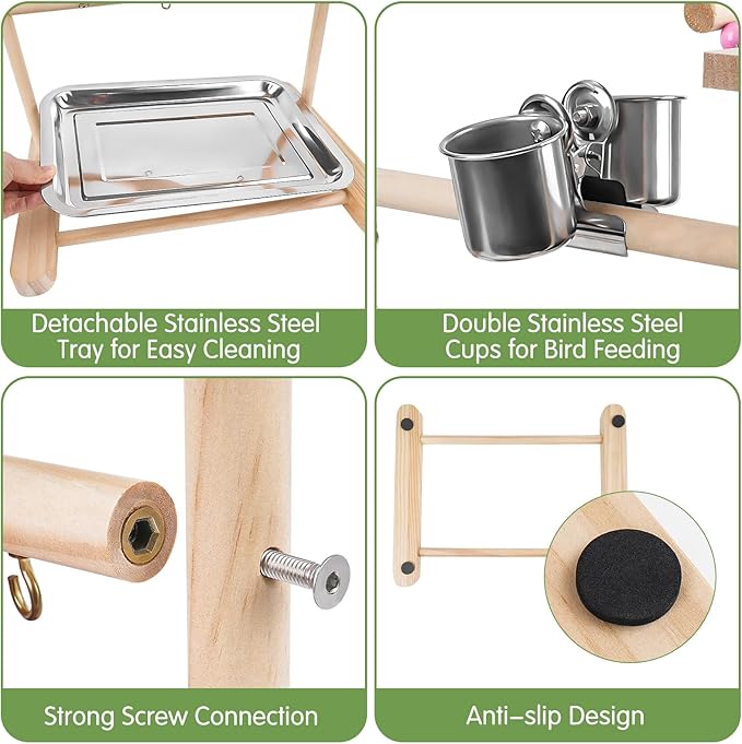 Bird Playground 4 Layer, Parrot Playground Bird Play Stand for Parakeet Conure Cockatiel Lovebird Budgie, Parrot Playstand with Feeder Cups, Ladder, Chain Toy, Swing and Detachable Tray