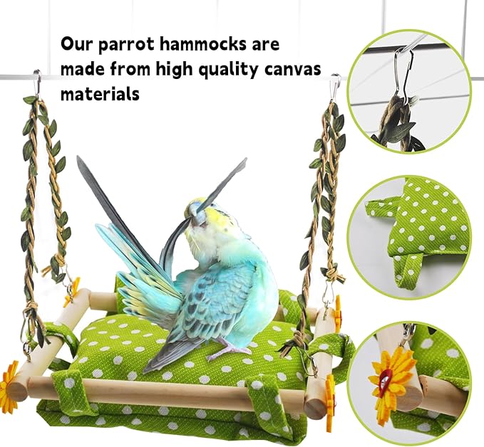 Bird Toy Climbing Hammock Nest Hanging Bird Bed for Cage Wooden Perch Stand Swing with Bell Toy for Parrot Parakeet Cockatiel Conure Cockatoo