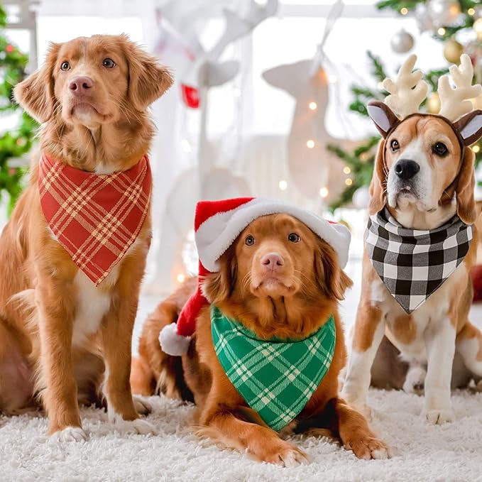 100 Pcs Christmas Dog Bandanas Bulk Xmas Red and Green Buffalo Plaid Bandanas Soft White Back Triangle Bibs Adjustable Scarf for Small Medium Large Pets (Red and Green Plaid)