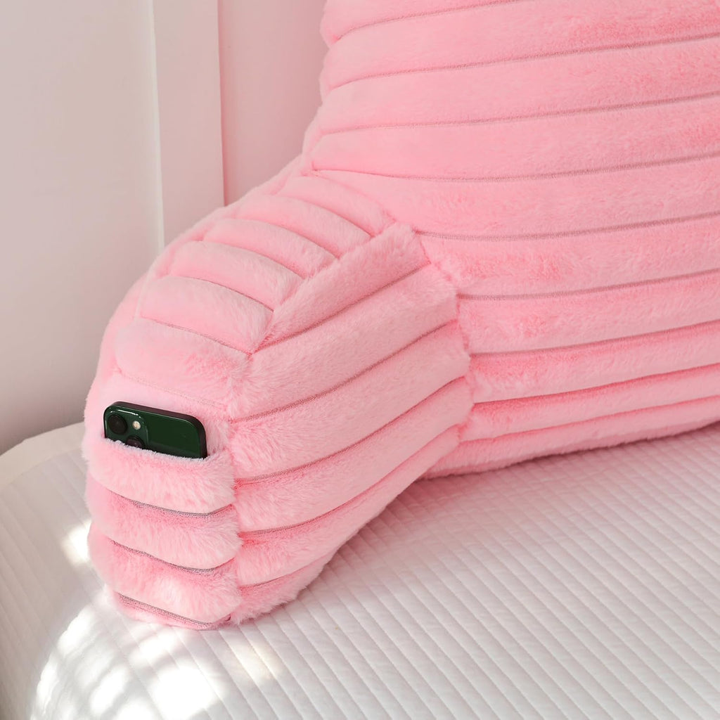 Yaoshuho Large Reading Pillow for Adults, Back Support Pillow for Sitting Up in Bed with Arms, Couch for Lounging Bedrest, Pink