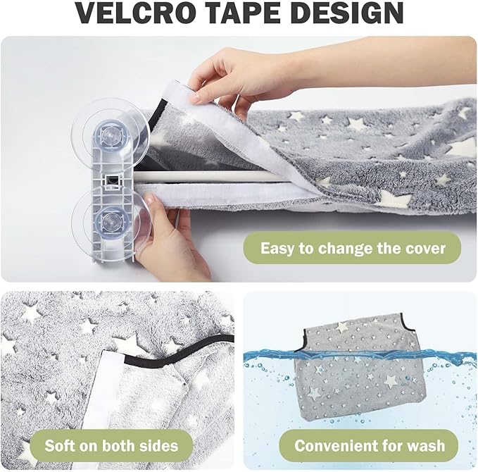 Cordless Cat Window Perch for Large Cats, Glow in The Dark Fabric Cat Hammock for Window with 4 Strong Suction Cups, Easy to Assemble, Foldable Window Seat for Cats Inside, Gray L