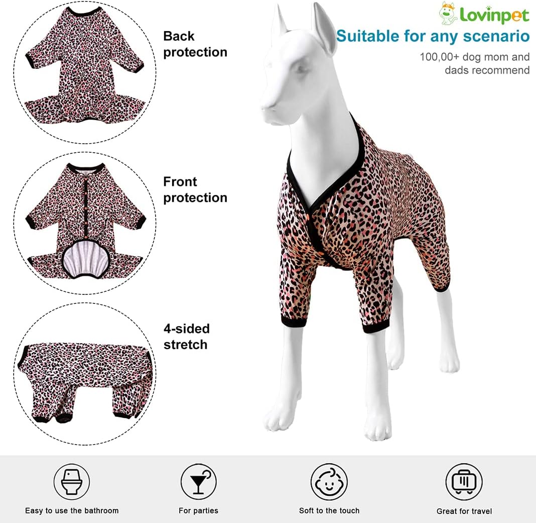 LovinPet Dog Clothes Large Breed - Double Brushed Stretch Knit, Neon Pink Cheetah Print, UV Protection, Pet Anxiety Relief Shirt, Lightweight Pullover Pet Pajamas, Full Coverage Dog Pjs,Leopard Pink L