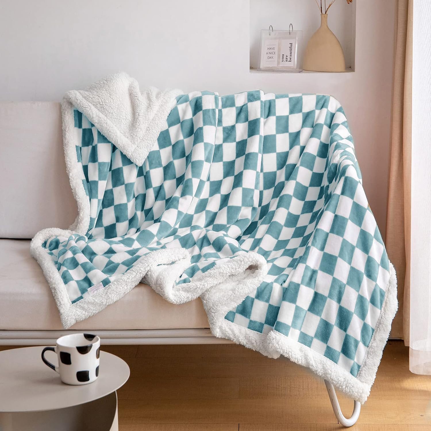 LOMAO Sherpa Throw Blanket Fleece Blanket with Checkered Pattern Soft Thick Blanket for Couch, Bed, Sofa Luxurious Warm and Cozy for All Seasons (Light Blue, 60"x80")
