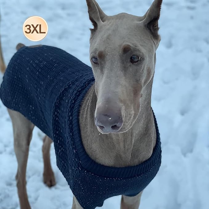 KYEESE Dog Sweater for Large Dogs with Leash Hole Warm Pullover with Reflective Yarn Male Thick Stretchy Knitwear Winter Soft Pet Coat boy for Cold Weather Comfy Dog Sweaters, Navy Blue, XXX-Large