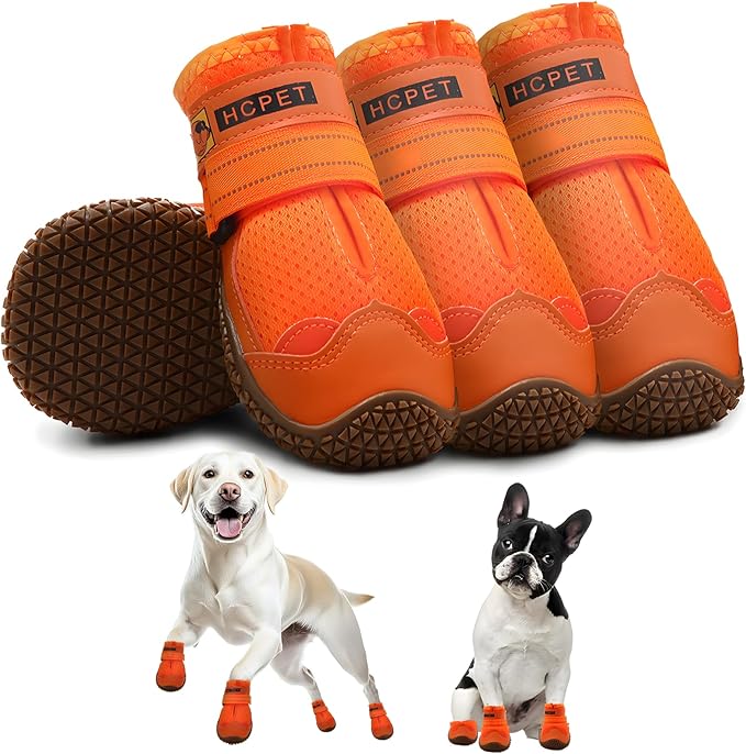 Hcpet Dog Shoes for Large Dogs, Breathable Dog Booties for Small Medium Dogs, Anti-Slip Dog Boots & Paw Protectors for Hot Pavement Winter Snow Hiking with Reflective Straps Orange Size 4