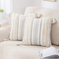 decorUhome Decorative Boho Throw Pillow Covers 20x20 Set of 2, Accent Neutral Textured Tufted Pillow Covers Striped for Couch Bed Sofa Living Room, Beige and Cream White