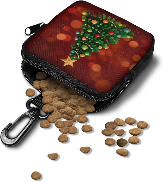 KEIAHUAN Christmas Tree Christmas Dog Treat Pouch Red Pocket Sized Pet Training Pouch Dog Training and Walks Snack Bag with Clasp Reusable Pet Treat Container Christmas Decor, Red