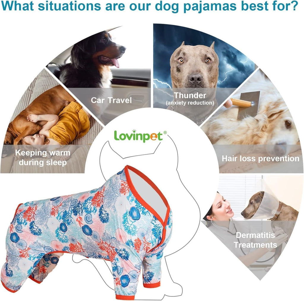 LovinPet Pajamas Outfit, Undershirt for Dog Coats, Lightweight Soft Fabric, Coral Trees and Shells Print, UV Protection Shirt, Easy to Wear Adorable Dog Clothes, Blue, XL