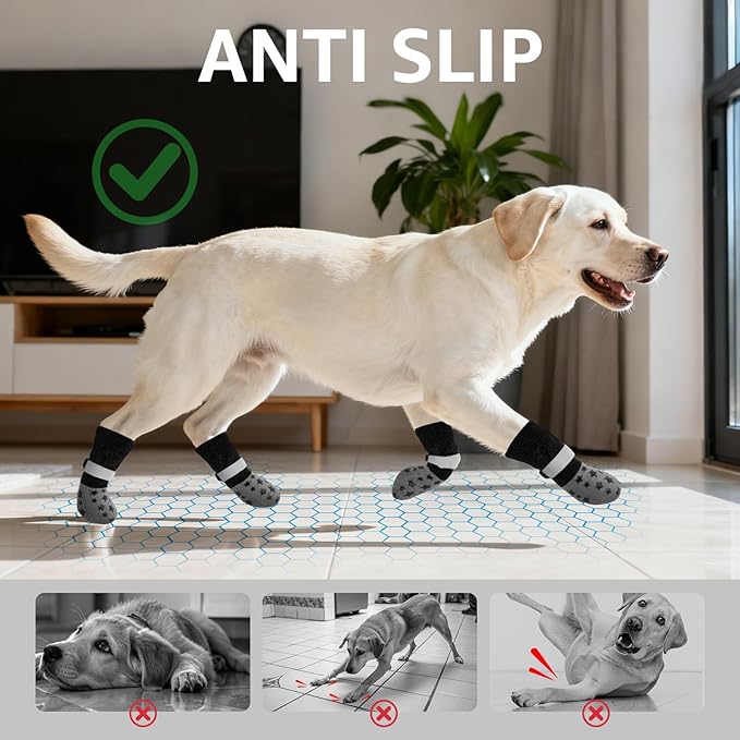 BEAUTYZOO Anti Slip Dog Socks to Prevent Licking Paws, Dog Shoes for Cold Pavement, Grip Socks for Dogs on Hardwood Floors, Dog Booties Alternative, Reflective&Washable Paw Protection for Senior Dogs