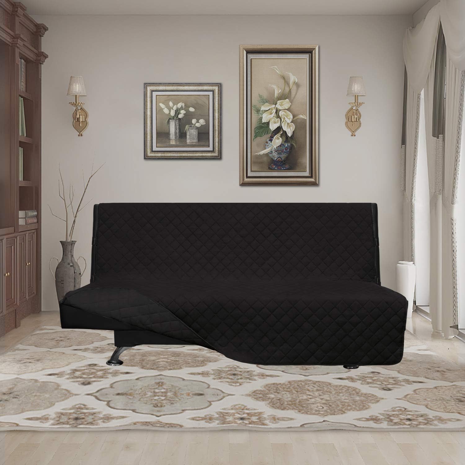 Easy-Going Futon Sofa Slipcover - Reversible Armless Couch Cover - Water Resistant for Pets & Kids (Black/Black)