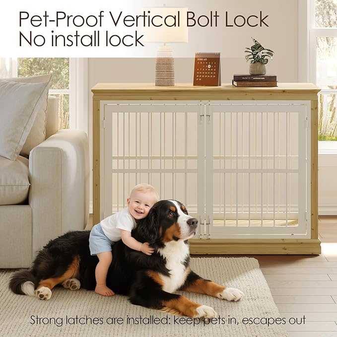 48 in Solid Wood Dog Furniture Crate for Dogs-Large Dog Crate Sideboard and TV Stand, Large, Wood Dog Crate Kennel-(White+Natural)