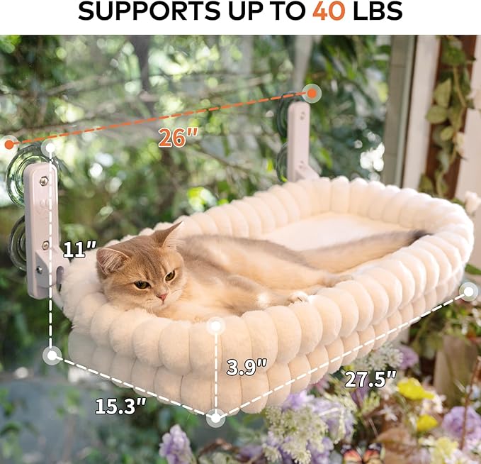 CHEERPALS Cat Window Perch for Indoor Cats Hammock for Window with Reversible Cushion, Foldable Cat Window Bed for Large Cats and Kittens(White,Large)