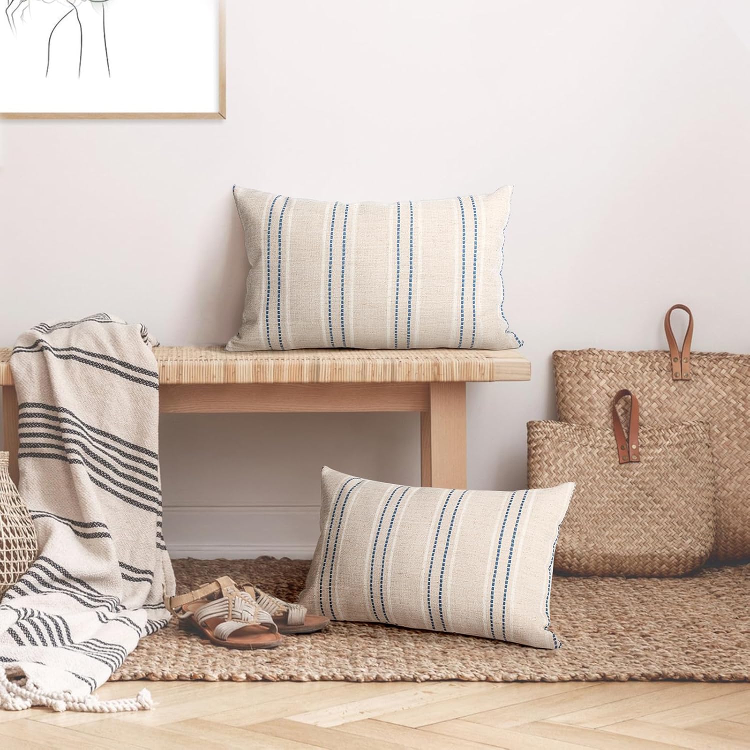 AELS 12x20 Decorative Farmhouse Linen Throw Pillow Covers, Boho Textured Pillow Case, Set of 2, Beige with White & Navy Blue Stitch Yarn Dyed Stripe Cushion Cover for Couch Living Room (Cover ONLY)