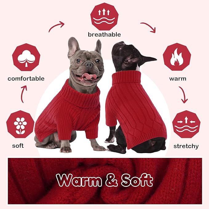 Dog Sweater for Medium Dogs, Warm Winter Fall Turtleneck Knitwear, Christmas Pet Sweatshirt Clothes for Girls Boys, French Bulldog, Beagle (Red M)