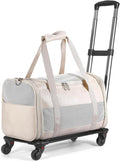 Airline Approved Pet Carrier with Wheels, Rolling Soft Sided Dog Cat Travel Bag, Premium Fashion Leather Small Pet Carrier Purse for Puppies and Cats White