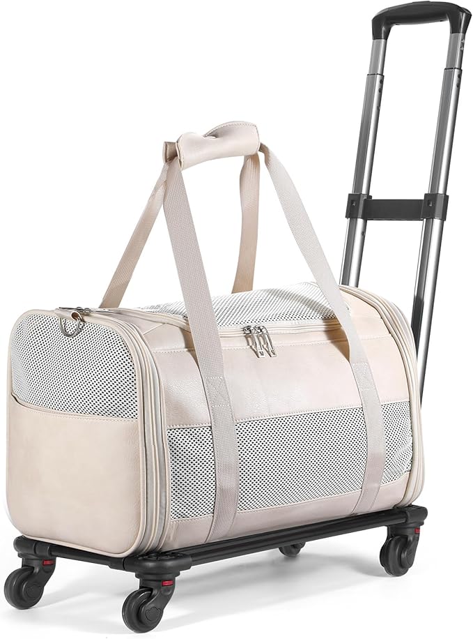 Airline Approved Pet Carrier with Wheels, Rolling Soft Sided Dog Cat Travel Bag, Premium Fashion Leather Small Pet Carrier Purse for Puppies and Cats White