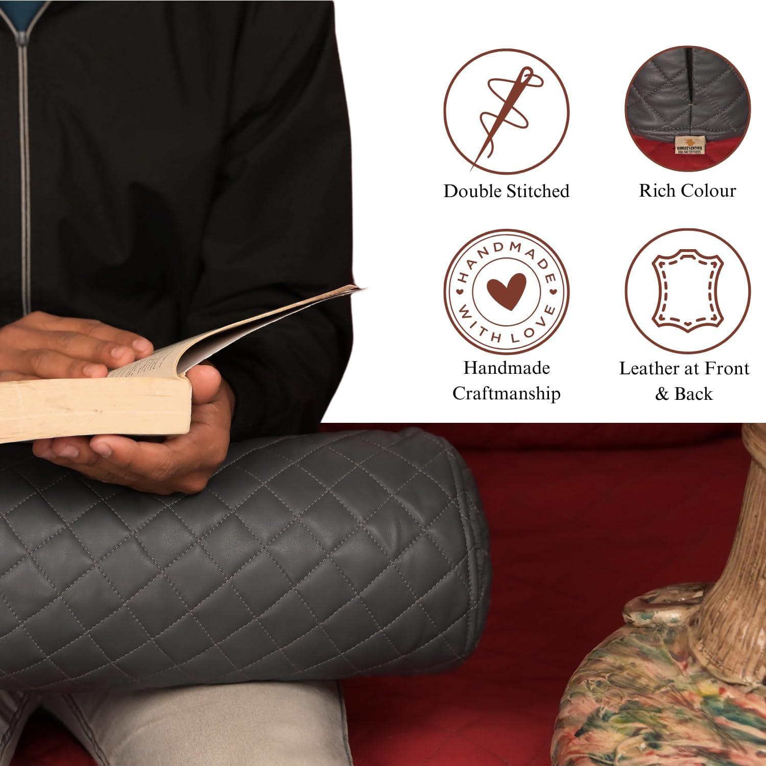 Neck Roll Pillow Cushion Cover, 24x5 Inch Full Moon Round Bolster Pillow Case, Cylinder Soft Lambskin Leather Pillowcase for Head, Spine & Neck Support During Sleep - Quilted Charcoal Grey Pack of 2