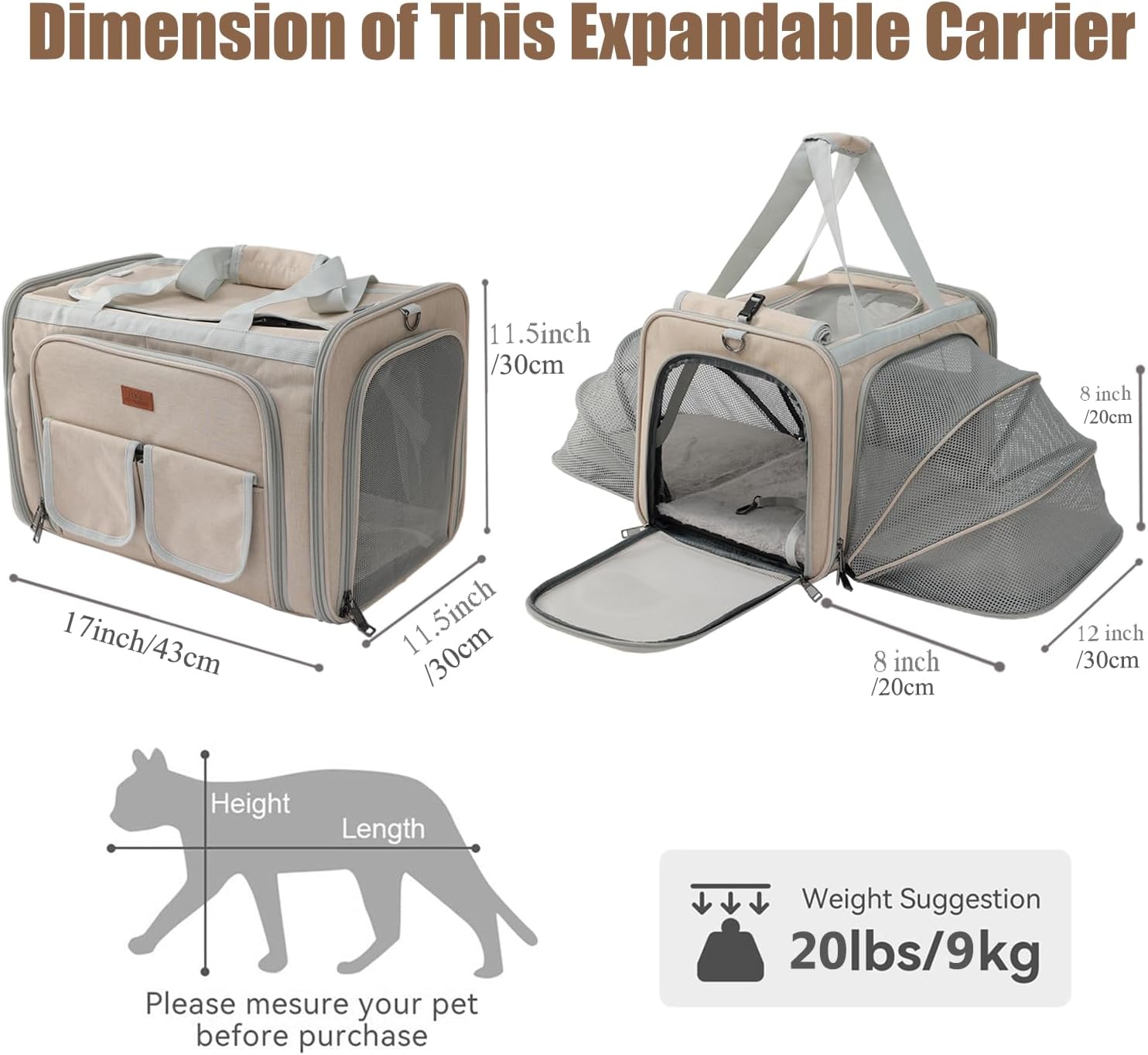 Khaki Dog Carrier Airline Approved,Small Puppy Bag Cats Carriers Soft,Softsides Expandable,Rabbit Bunny Pets Travel Carriers Small Animals Outdoor Carry Kennel