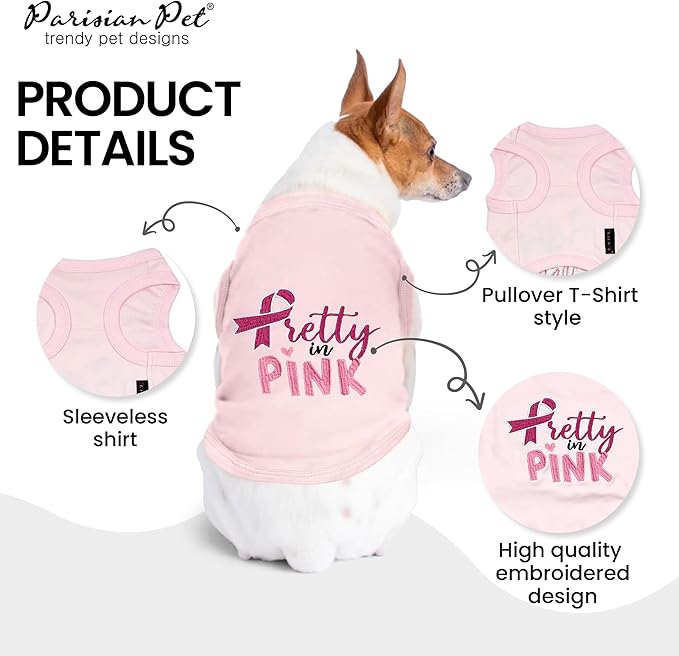 Parisian Pet Dog Tshirt - Embroidered “ Pretty in Pink “ Dog Shirt - Breathable and Lightweight Dog Clothes - Sleeveless Dog Tee Shirts - Machine Washable Dog Shirts for Small Dogs Girl - S