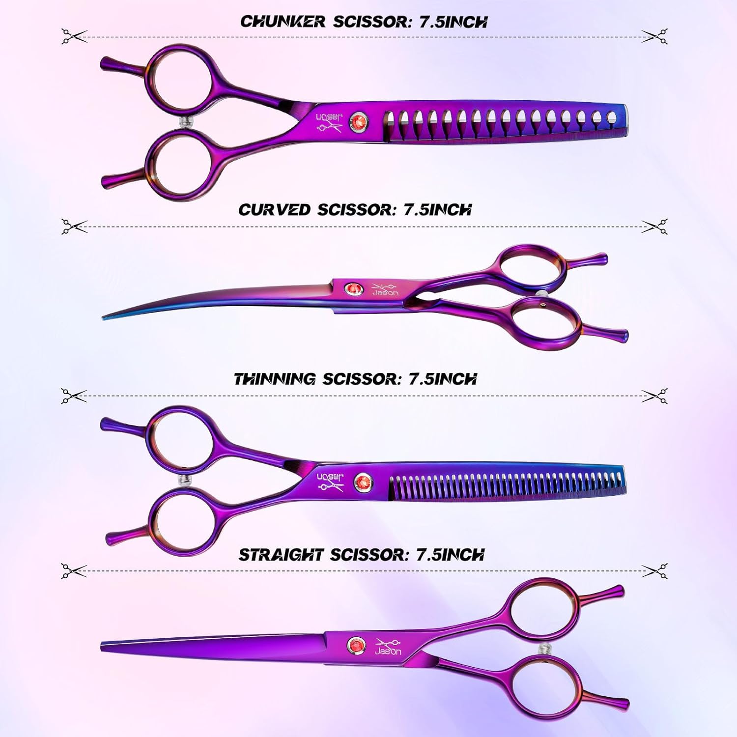 JASON Dog Grooming Scissors Kit, Professional 6 in 1 Dog Scissors Sharp Shears Set - Straight, Thinning, Chunker, Curved Shears and Comb for Long Short Hair for Dog Cat Pet