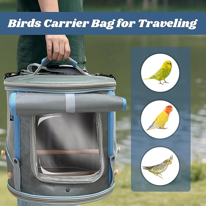 halinfer Bird Travel Carrier Cage for Small to Medium Size, Portable Parrot Parakeet Cockatile Conure Transport Cage with Clear Window and Fabric Shade, Round Carry Bird Bag