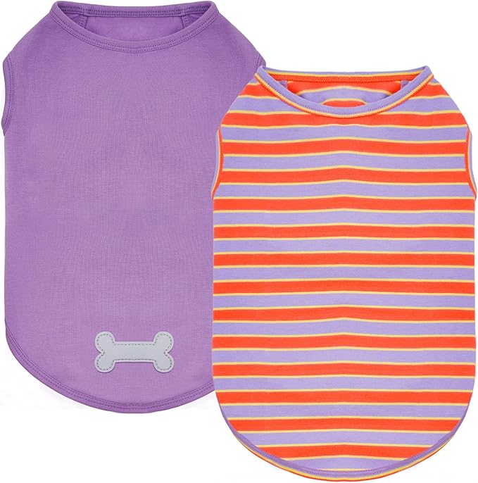 KYEESE 2Pack Dog Shirts Striped T Shirt Cotton Tank Top Soft Tee for Small Dogs Lightweight Clothes Sleeveless Dog Vest, Medium,Purple+Orange Striped