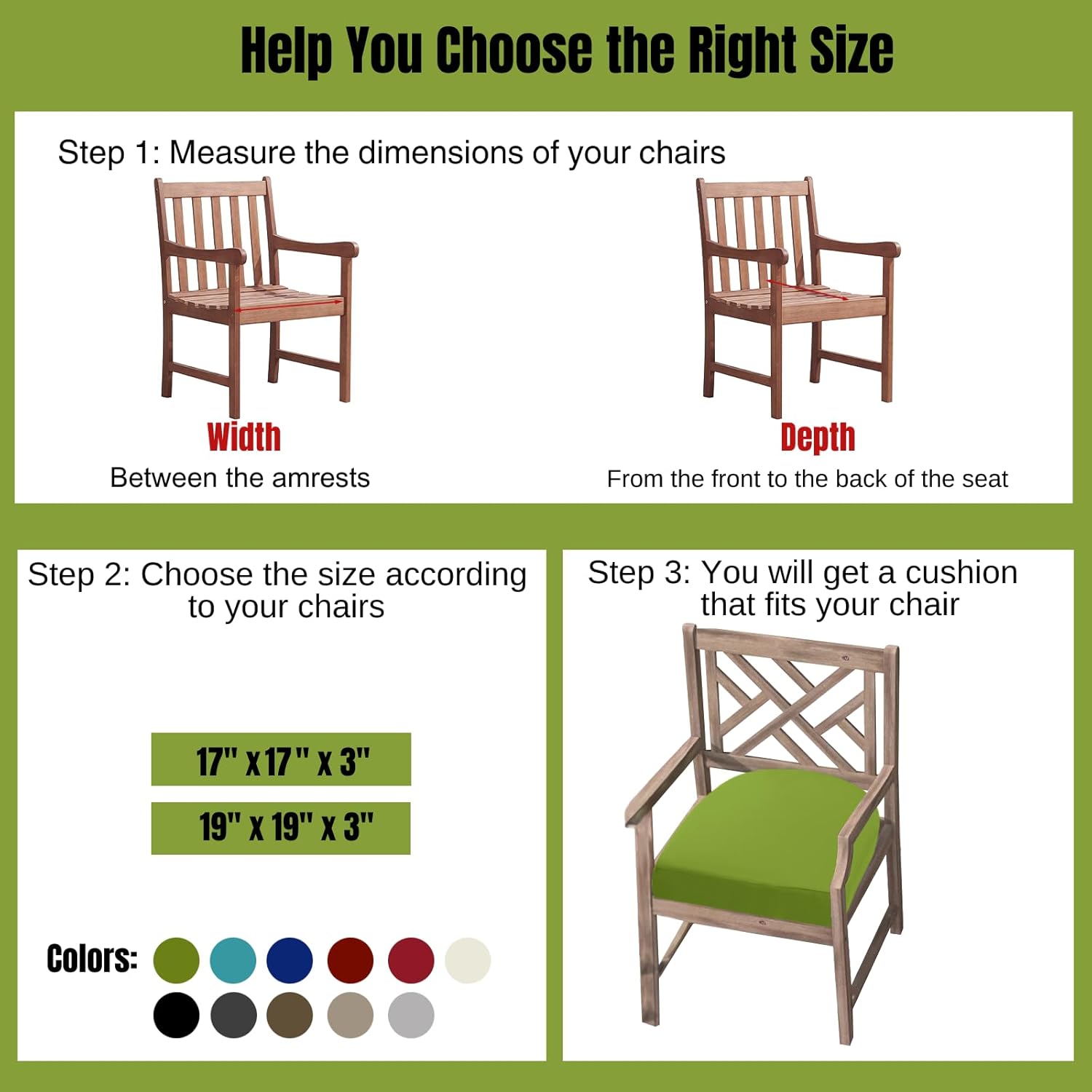 idee-home Outdoor Chair Cushions Set of 4, Thick 17" x 17" x 3" Patio Chair Cushions for Outdoor Furniture Waterproof with Ties, Seat Cushion, Patio Chair Pads Dining Chair Green