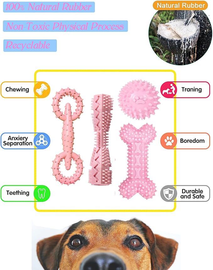 4 Pack Puppy Toys for 2-8 Months Pets Dog Chew Toy for Small Puppies Teething Toys for Cleaning Teeth Cute Pink Small Dog Toys Soft Durable Interactive Chew Toy Puppy Supplies Starter Kit (Pink)