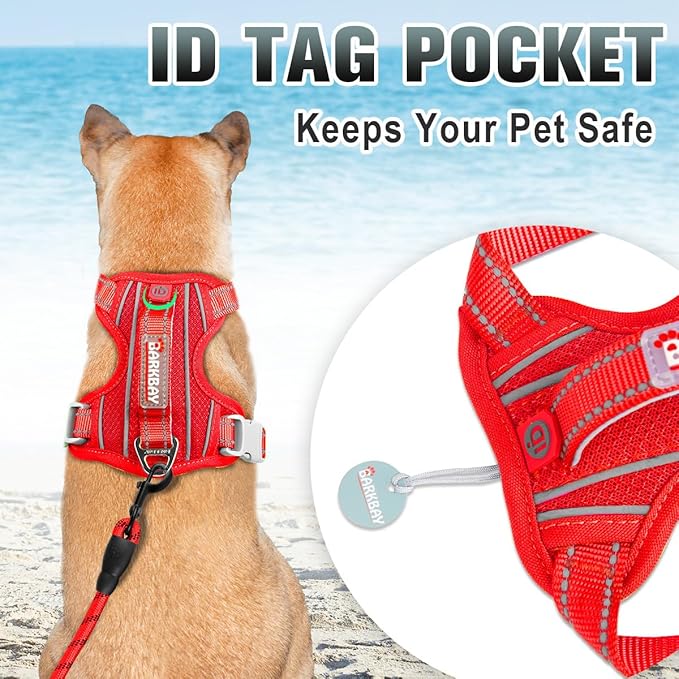 BARKBAY No Pull Dog Harness Large Reflective Dog Harness with Front Clip and Easy Control Handle for Walking Training Running with ID tag Pocket(Red,XS)