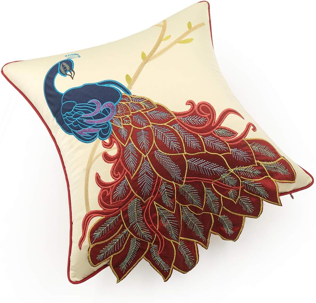 vctops Embroidered Peacock Decorative Throw Pillow Case Silky Satin Cushion Cover Red1 18"X18"