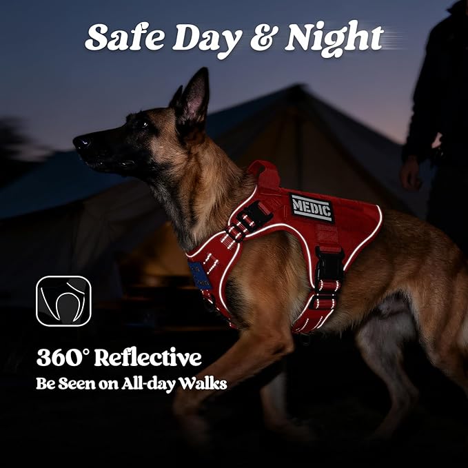 rabbitgoo Tactical Dog Harness for Large Dogs, No Pull Upgraded Reflective Heavy Duty Molle Vest with Handle, Adjustable Military Service Dog Vest for Walking Hiking Training, Red, L