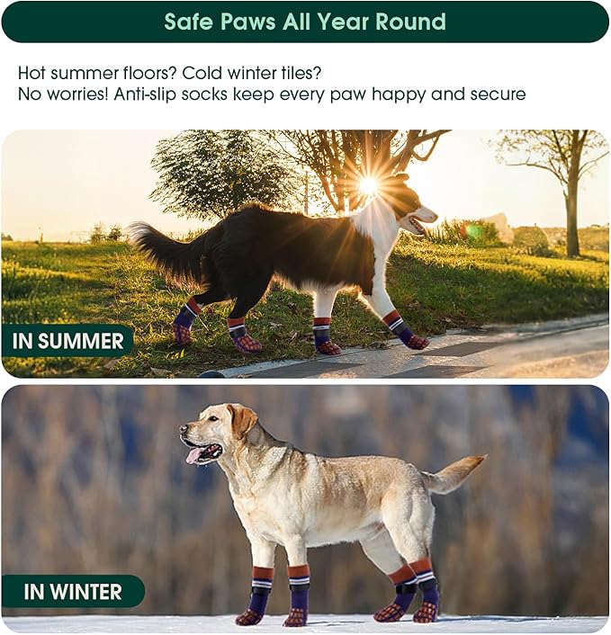 Kuoser Non Slip Dog Socks for Hardwood Floors, 4Pack Anti-Slip Dog Grippy Socks to Prevent Licking Paws, Dogs Booties Paw Protectors with Double-Sided Traction for Small Medium Large Senior Dogs, XL