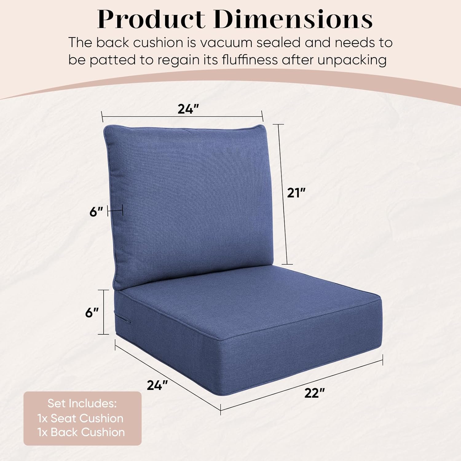 Luxury Outdoor Seat Cushion Set-22 x 24 x 6 Inch Outdoor Chair Cushions with Water Resistant & Removable Cover Outdoor Cushions for Patio Furniture Chair Sofa Couch
