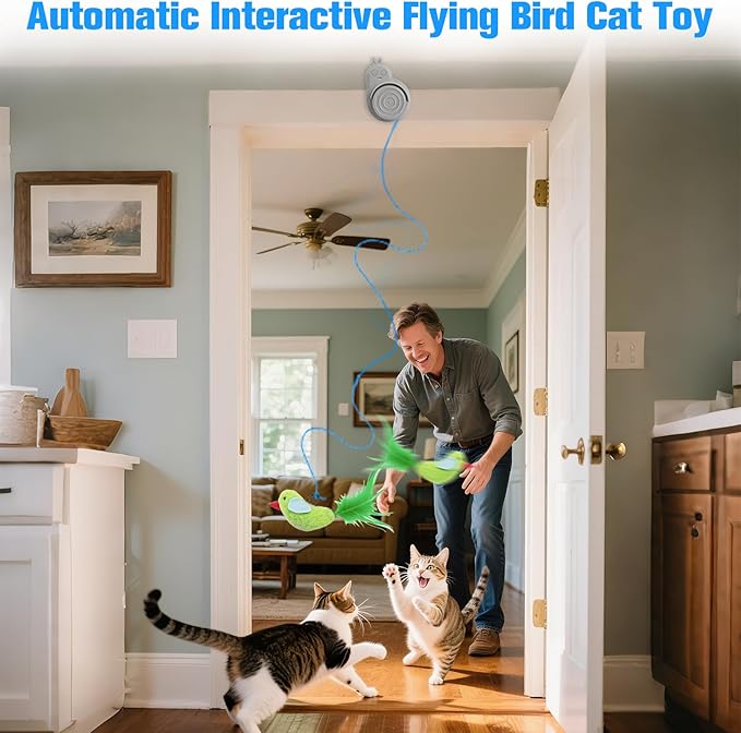 Interactive Cat Toys for Indoor Cats Automatic Electric Flying Bird Feather Cat Toy - Best Kitten & Adult Cat Enrichment Toy Stick-on Hanging Electric Kitty Toys for Bored Cats