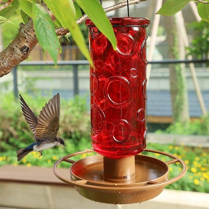 Juegoal Glass Wild Bird Waterer, 28 oz Wild Bird Feeder for Outdoors, Water Cooler with Metal Handle Hanging for Garden Tree Yard Outside Decoration, Red