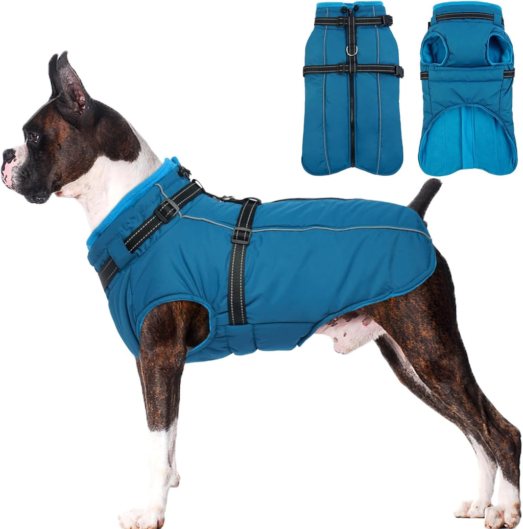 Lelepet Dog Coat for Large Dogs Waterproof Dog Jacket with Harness Built in Reflective Windproof Fleece Jacket with Zip Warm Winter Coats for Dogs Cozy Thermal Pet Snowsuit, Border Collie, Blue, XL