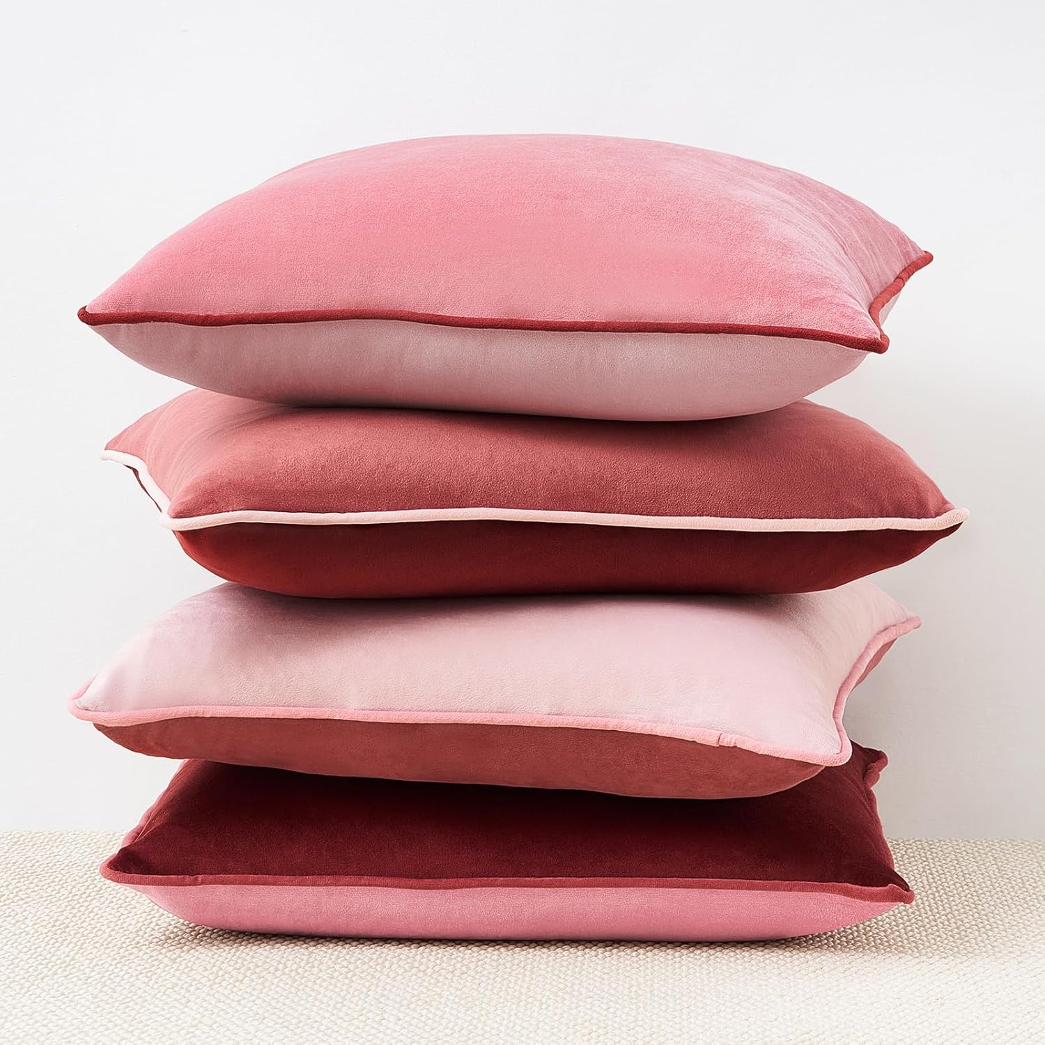 MONDAY MOOSE Decorative Throw Pillow Covers Cushion Cases, Set of 4 Soft Velvet Modern Double-Sided Designs, Mix and Match, Pillow Inserts Not Included (18x18 inch, Pink/Dark Pink)