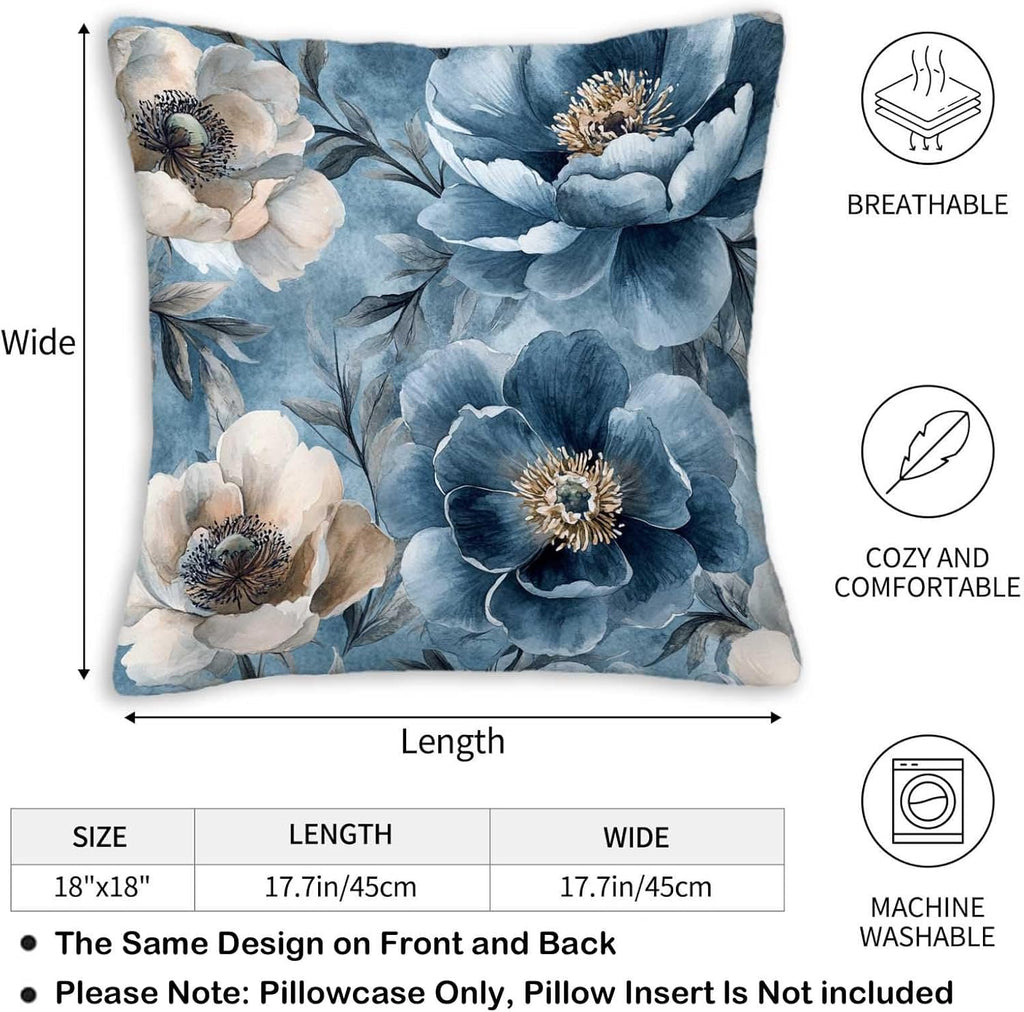 Throw Pillow Covers 18x18 Set of 2, Blue Floral Cushion Covers, Decorative Square Pillowcases for Couch, Bedroom, Living Room