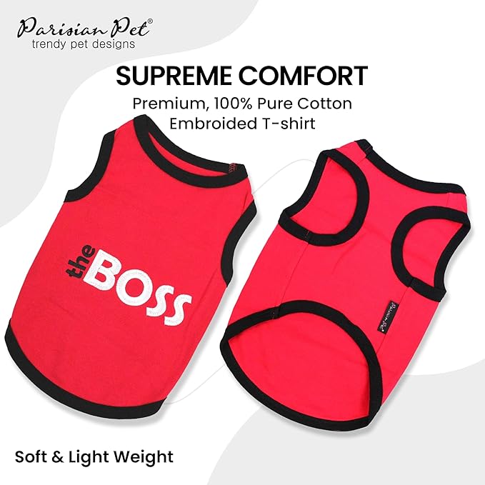 Parisian Pet Dog T-Shirt with Embroidered 'The Boss' Word - Lightweight Dogs Clothes - Sleeveless Dog Outfit Boss - Shirt for Large Dogs, XL