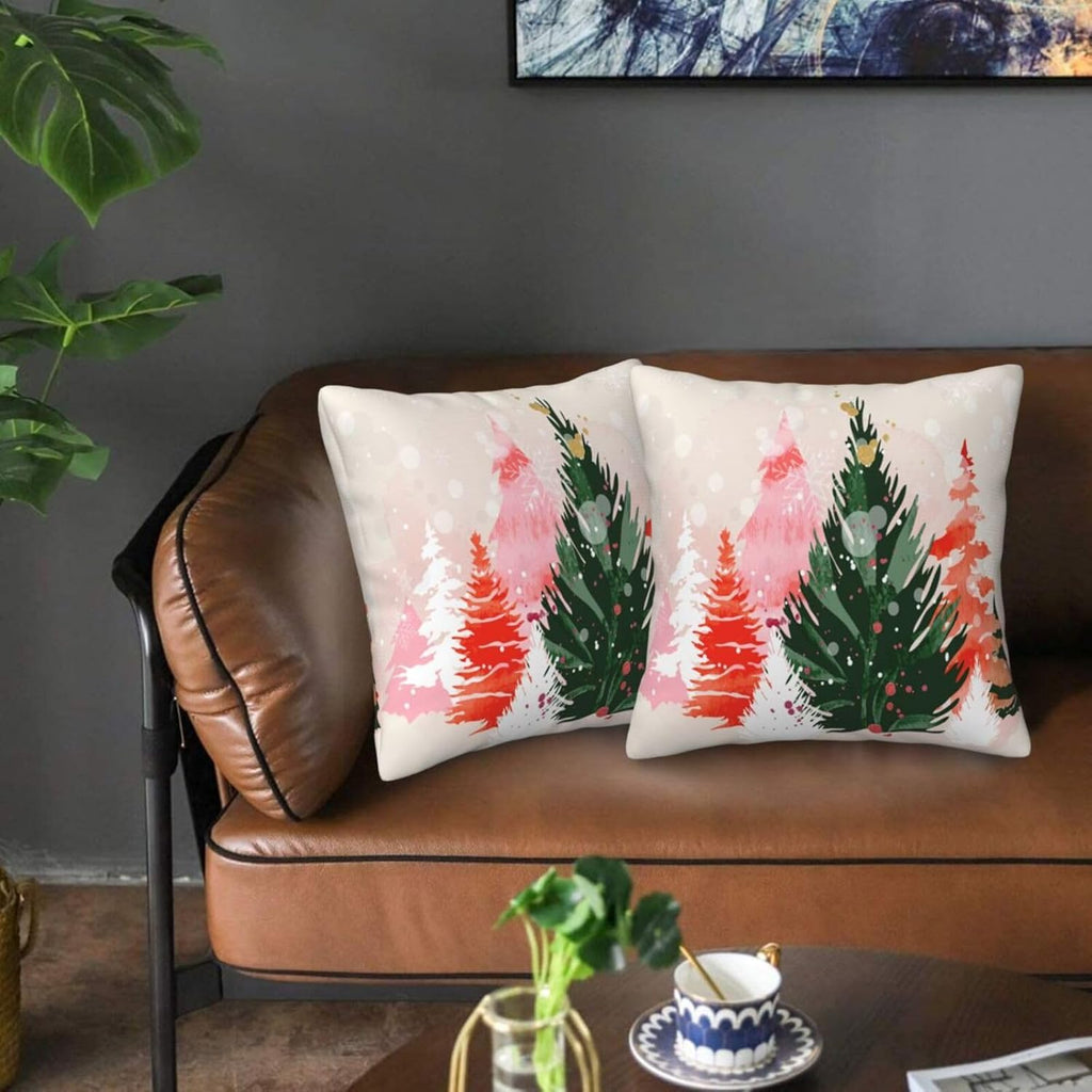 bassyil Christmas Tree Watercolor Throw Pillow Covers Decorative Linen Pillow Cases Set of 2 Square Cushion Cover for Couch Sofa Bedroom Patio 18x18 Inch