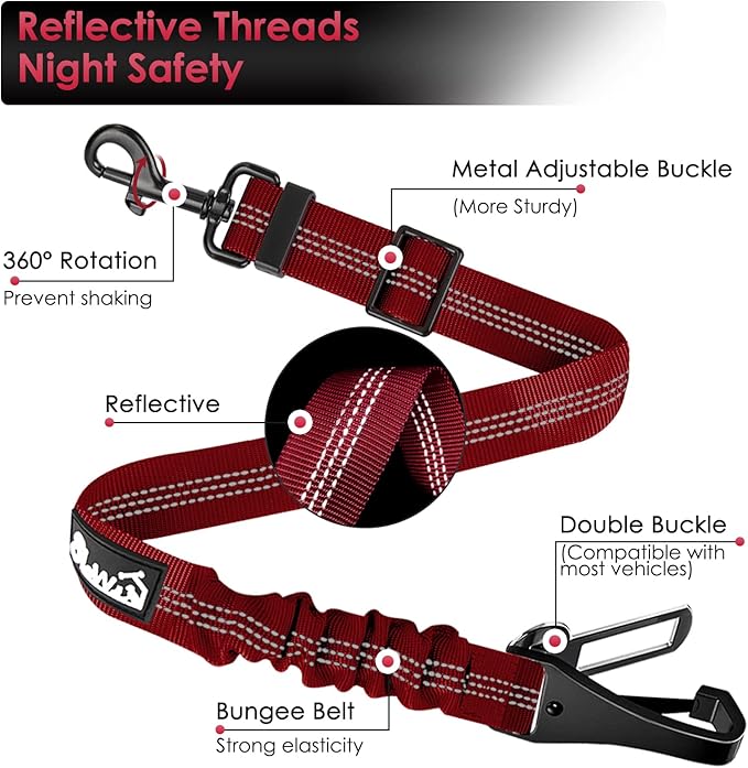 SlowTon Dog Seat Belt, Adjustable Dog Safety Belt Leash, 2 in 1 Latch Bar Attachment Dog Car Seatbelt with Elastic Nylon Bungee Buffer, Reflective Nylon Belt Tether(Red 35.5in)